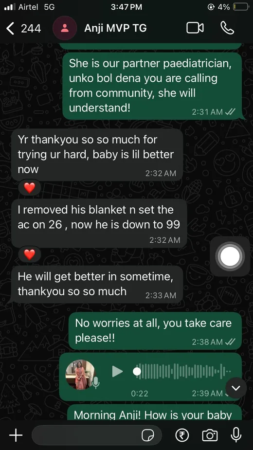 WhatsApp chat between a parent and the Pukaar team at 2:31 a.m.