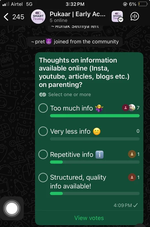 WhatsApp community poll about parenting information online.