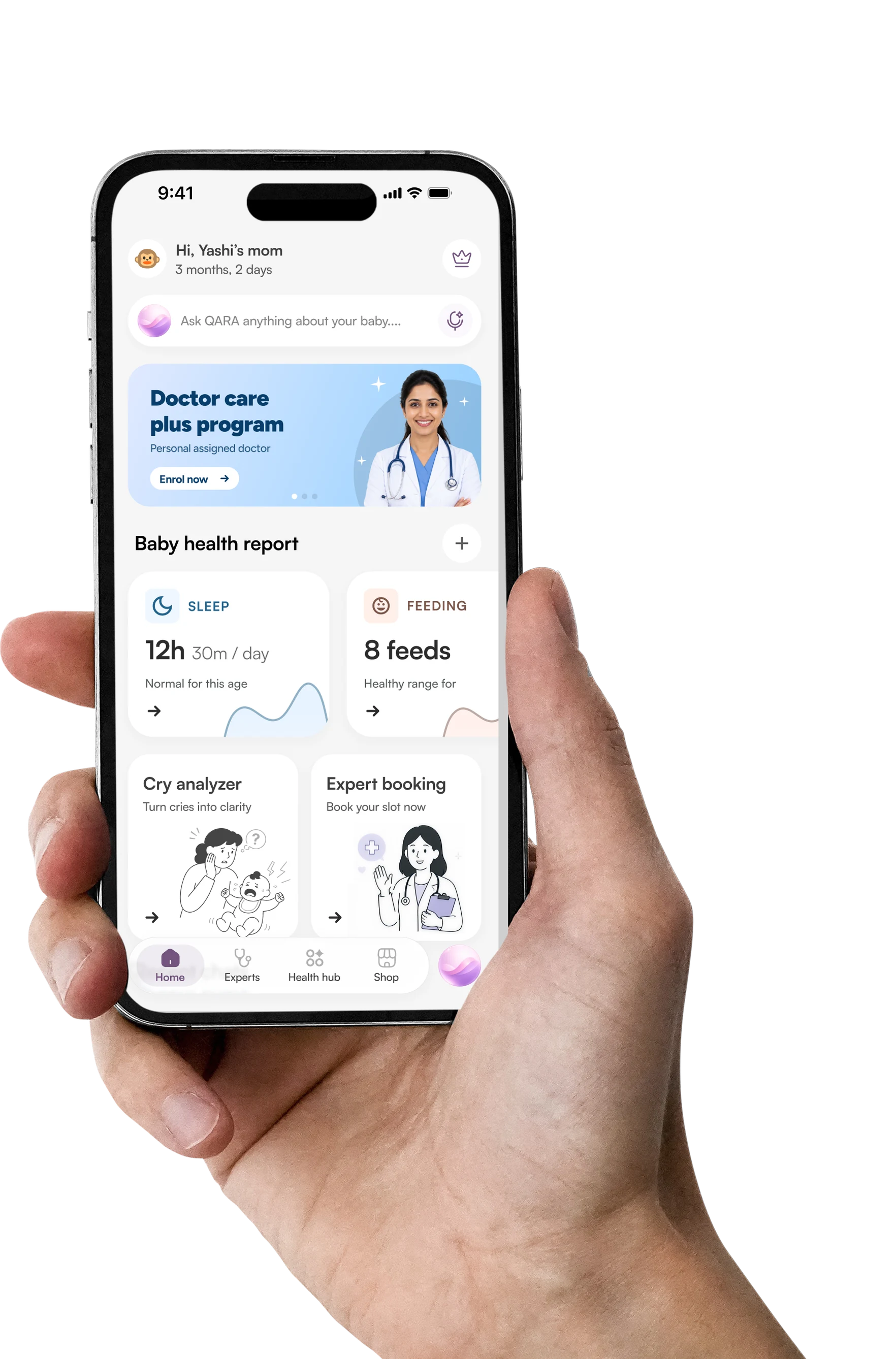 A hand holding an iPhone showing the Pukaar.ai home screen: a greeting for Yashi's mom, the Ask QARA bar, a doctor care plan banner and the baby health report.