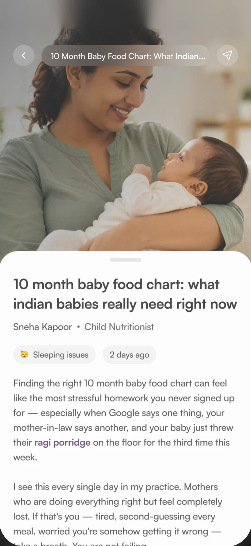 Article: 10 month baby food chart, what Indian babies really need right now, by Sneha Kapoor, Child Nutritionist.