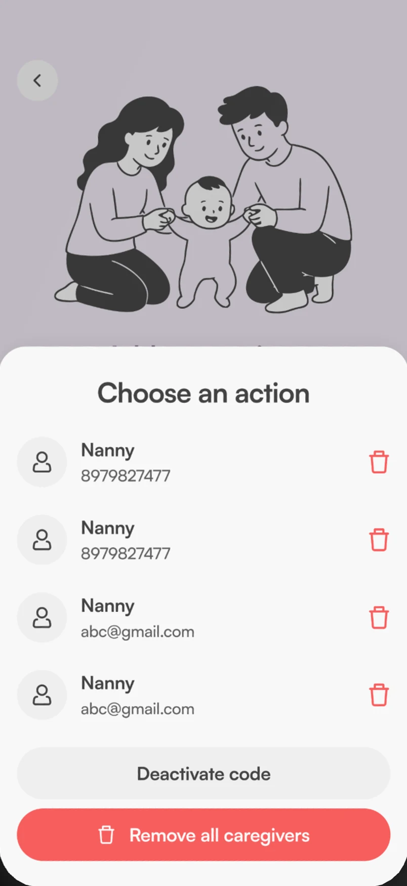 Choose an action sheet listing caregivers with delete icons, Deactivate code and Remove all caregivers.