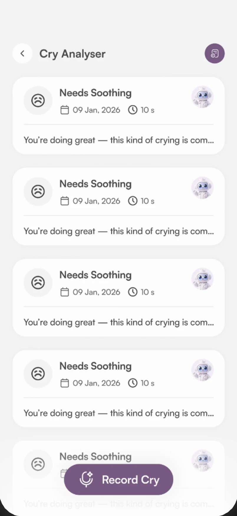 Cry history list of Needs Soothing reports with dates and durations.
