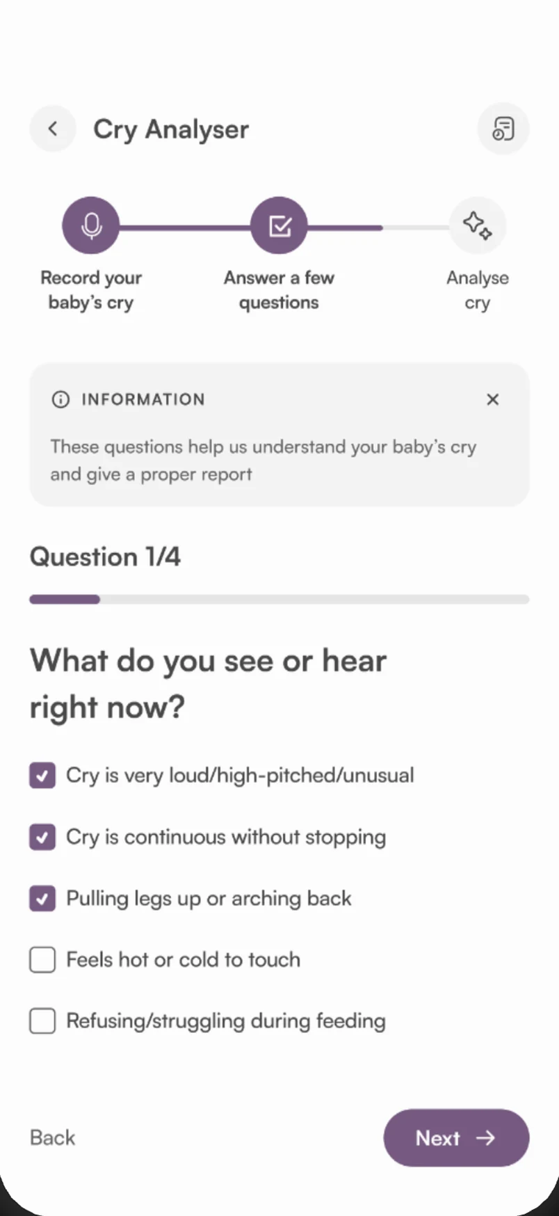 Question 1 of 4 with checkboxes for loud cry, continuous cry, pulling legs up.