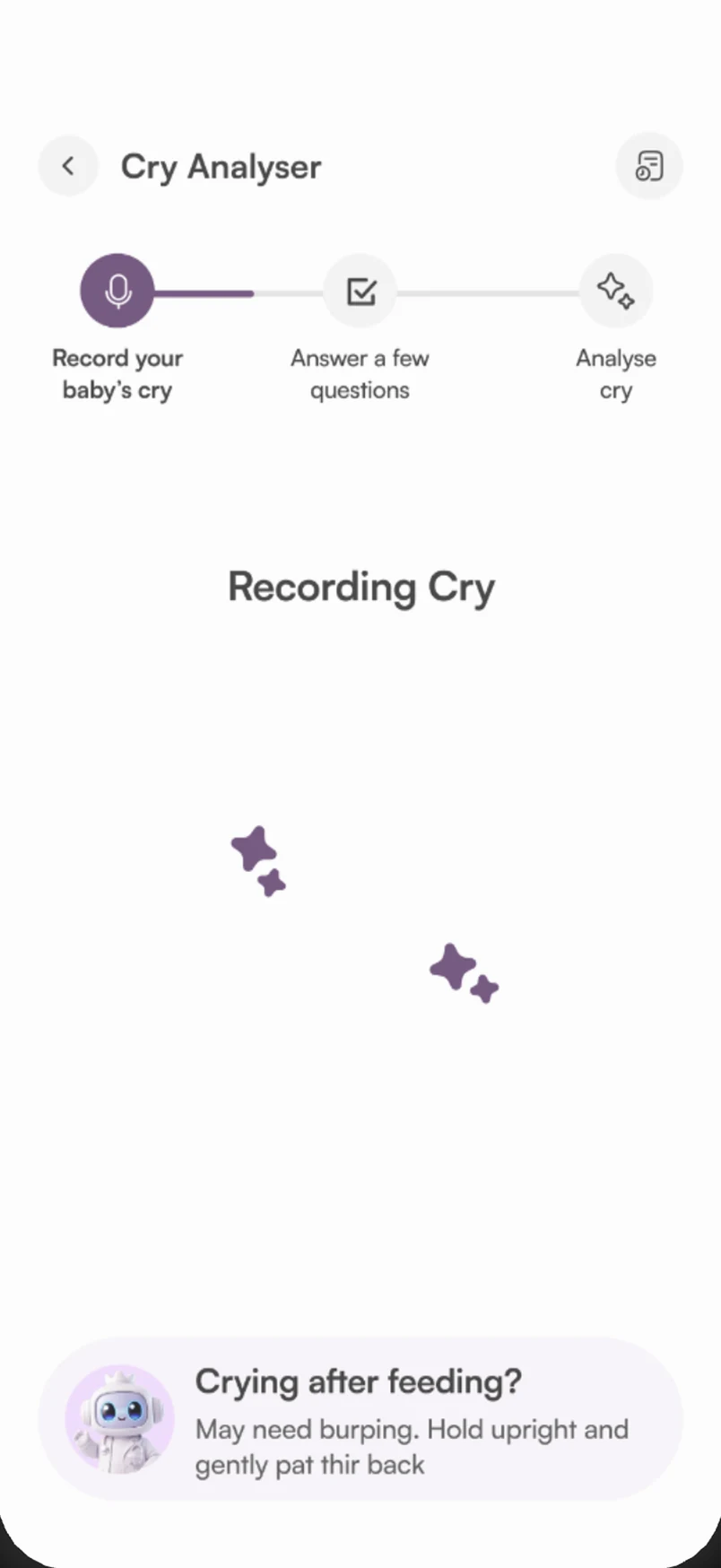 Recording screen with a three-step progress bar and a tip about crying after feeding.