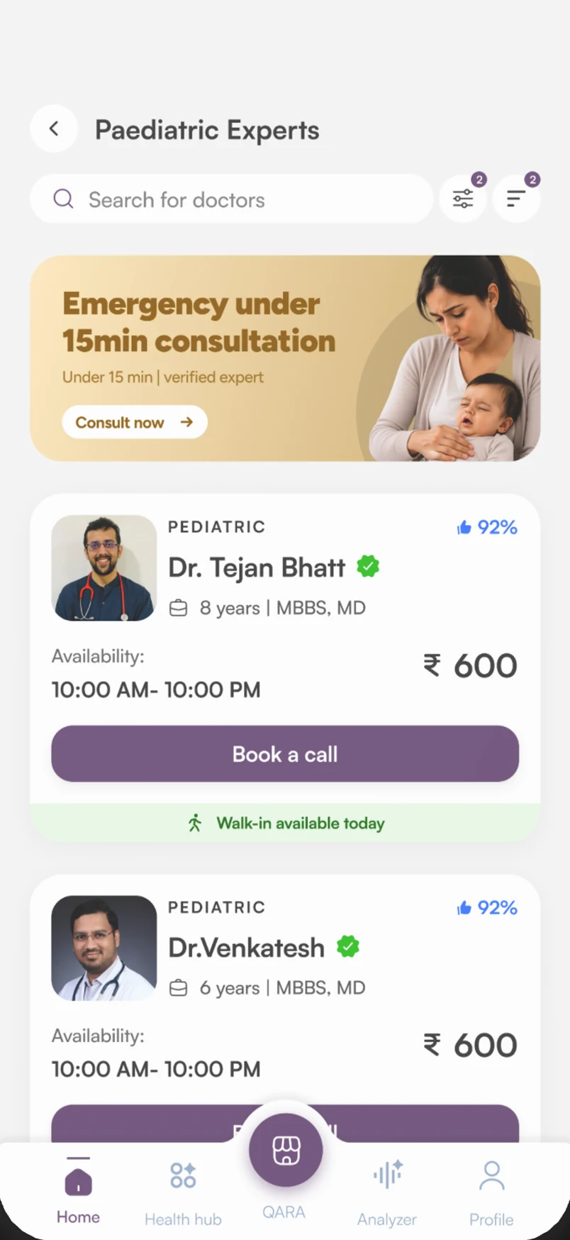 Doctor list with a gold Emergency under 15 min consultation banner and doctor cards priced at 600 rupees.
