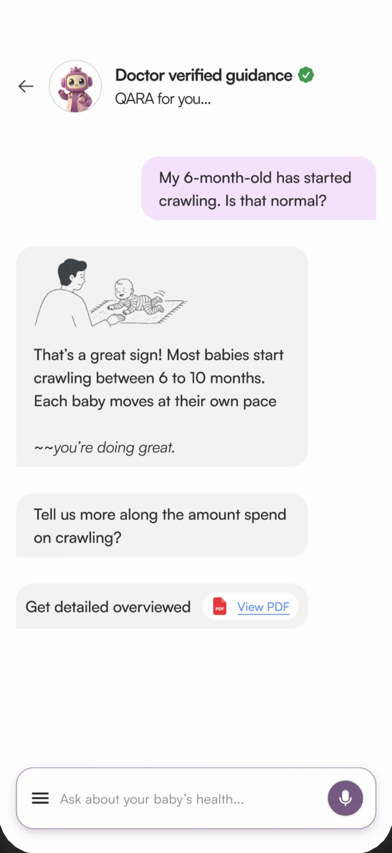 QARA chat answering whether crawling at 6 months is normal, marked Doctor verified guidance.
