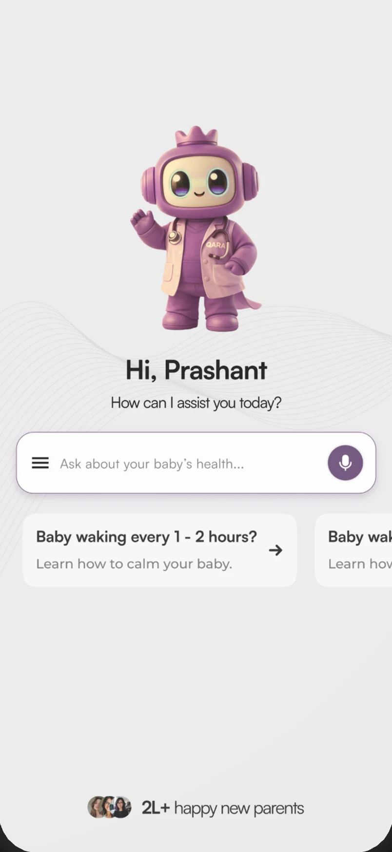 QARA welcome screen with a purple robot mascot and suggested questions.